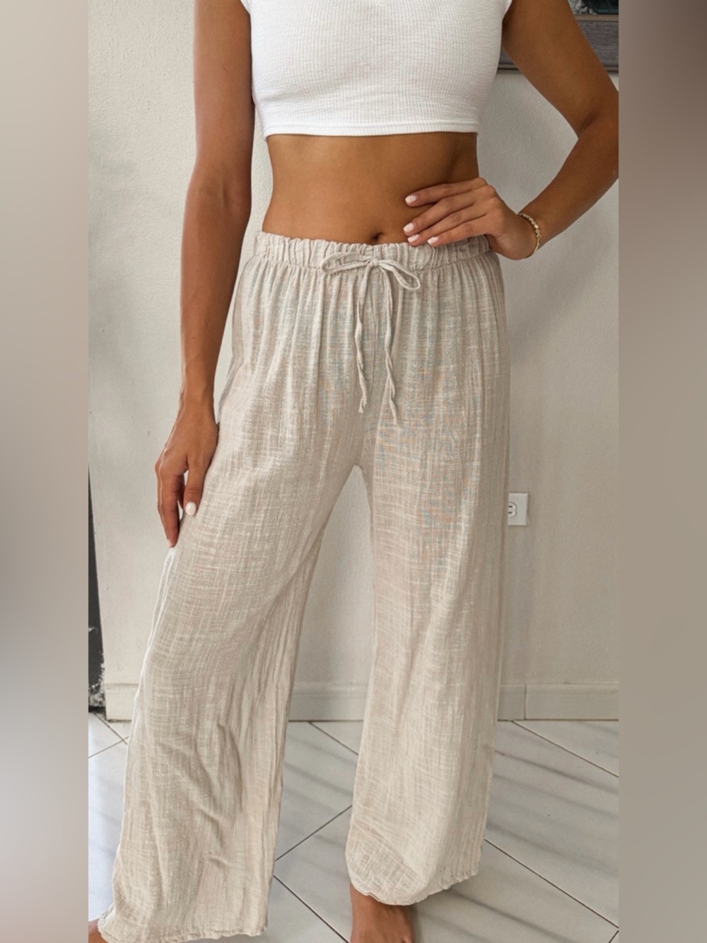 Wide-Leg Drawstring Pants in Beige